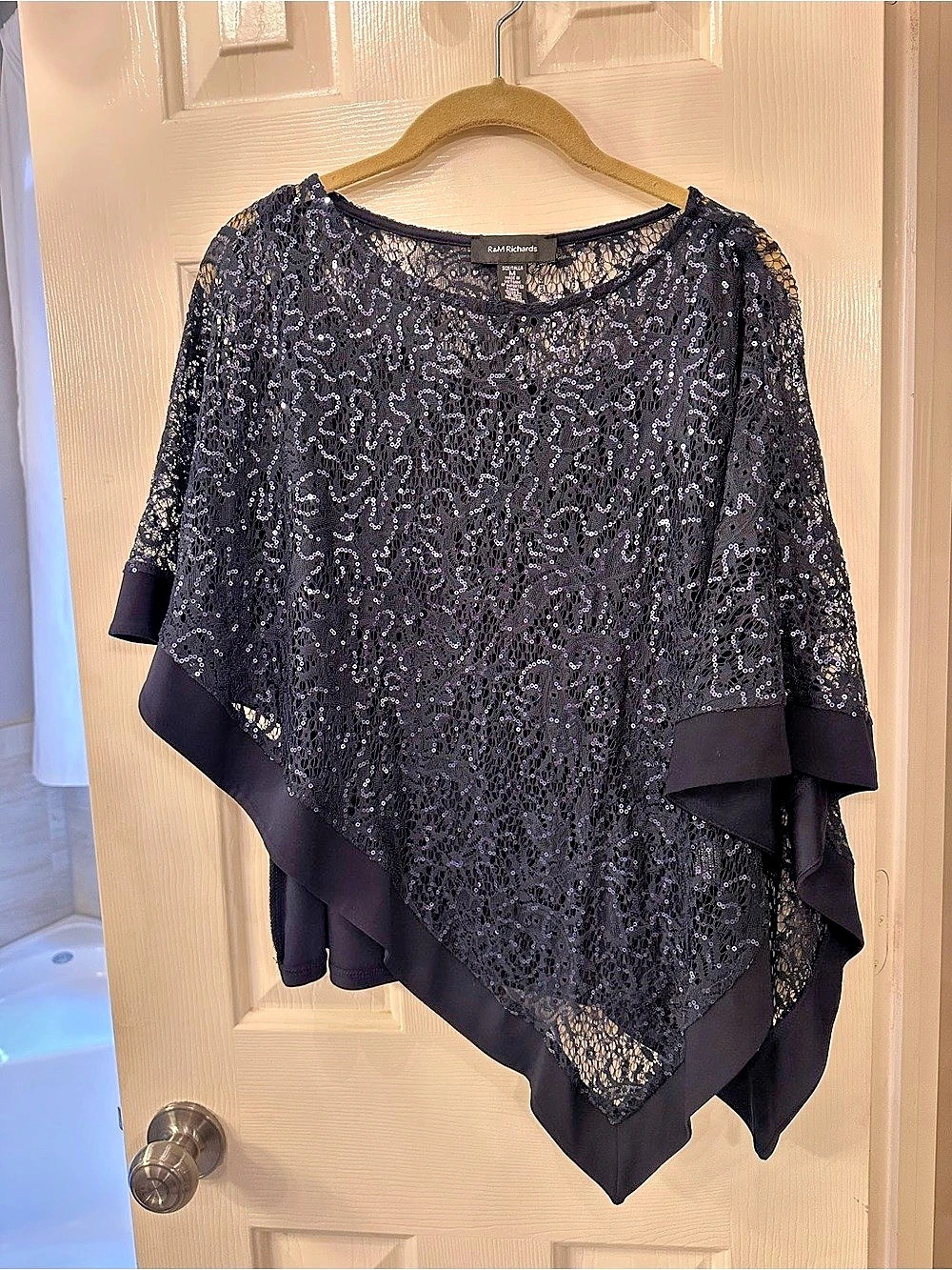 R&M Richards Black Sequin Lace Asymmetrical Poncho Top